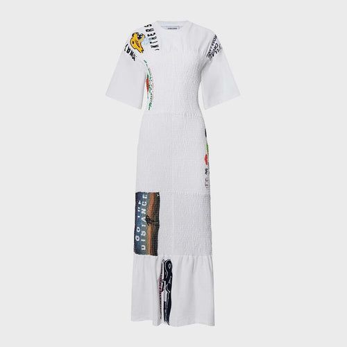 MARINE SERRE (W) UPCYCLED SHIRRED T-SHIRTS LONG FITTED DRESS