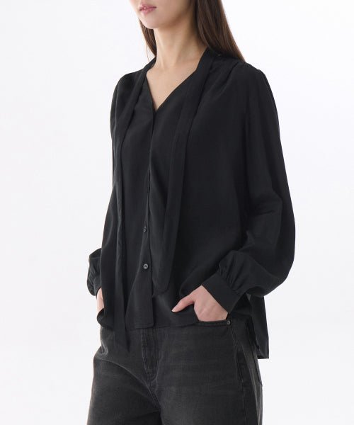 MUSINSA STANDARD WOMAN MUSINSA STANDARD WOMAN Women's Volume Shirring Tie Blouse [Black]