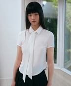 MUSINSA STANDARD WOMAN MUSINSA STANDARD WOMAN Slim Fit Tie Short Sleeve Blouse (Ivory)