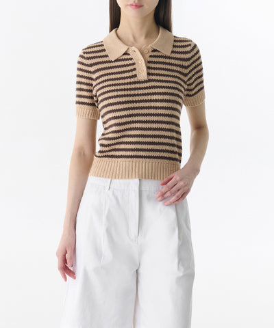MUSINSA STANDARD WOMAN Women's Striped Knitted Polo Shirt (S)