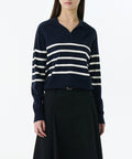 MUSINSA STANDARD WOMAN MUSINSA STANDARD WOMAN Women's Striped Slit Neck Long Sleeve Polo Shirt (Navy/Ivory)