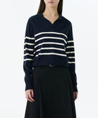 MUSINSA STANDARD WOMAN MUSINSA STANDARD WOMAN Women's Striped Slit Neck Long Sleeve Polo Shirt (Navy/Ivory)