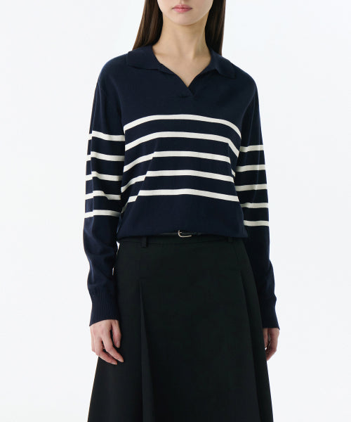 MUSINSA STANDARD WOMAN MUSINSA STANDARD WOMAN Women's Striped Slit Neck Long Sleeve Polo Shirt (Navy/Ivory)