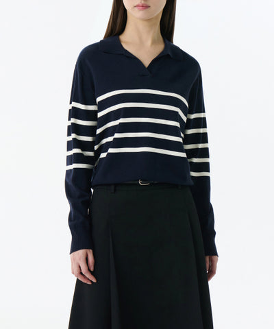 MUSINSA STANDARD WOMAN Women's Striped Slit Neck Long Sleeve Polo Shirt (Navy/Ivory)