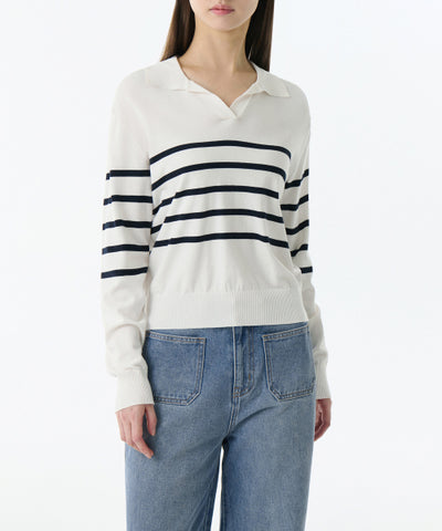 MUSINSA STANDARD WOMAN Women's Striped Slit Neck Long Sleeve Polo Shirt (Size)