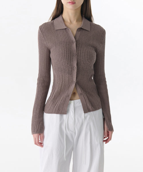 MUSINSA STANDARD WOMAN MUSINSA STANDARD WOMAN Women's Vertical Crochet Slim Collared Cardigan [Taupe]
