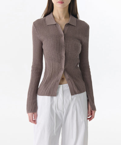 MUSINSA STANDARD WOMAN Women's Vertical Crochet Slim Collared Cardigan [Taupe]