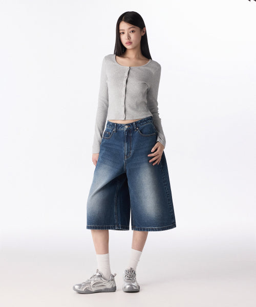 MUSINSA STANDARD WOMAN MUSINSA STANDARD WOMAN Women's Big Brush Wide Bermuda Denim Pants [Medium Indigo]
