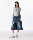 MUSINSA STANDARD WOMAN MUSINSA STANDARD WOMAN Women's Big Brush Wide Bermuda Denim Pants [Medium Indigo]