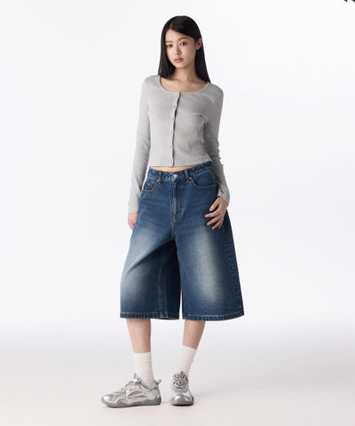 MUSINSA STANDARD WOMAN Women's Big Brush Wide Bermuda Denim Pants [Medium Indigo]