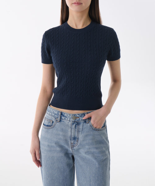 MUSINSA STANDARD WOMAN MUSINSA STANDARD WOMAN Women's Knitwear Cable Crew Neck Short Sleeve [Navy]