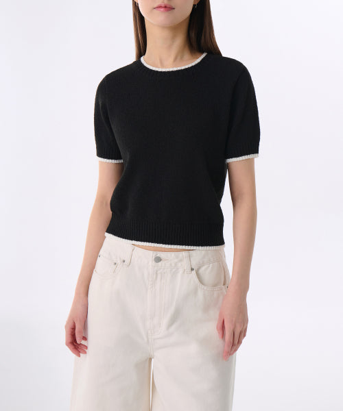 MUSINSA STANDARD WOMAN MUSINSA STANDARD WOMAN Women's Mini Bouclinger Short Sleeve Knit [Black/Ivory]