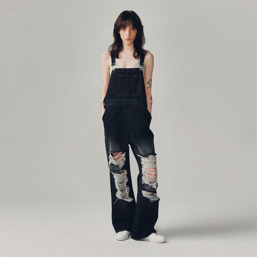 CURRENT VINTAGE DISTRESSED DENIM OVERALLS [BLACK]
