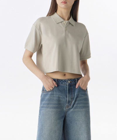 MUSINSA STANDARD WOMAN Relaxed Crop Pique Polo Shirt (Mushroom)