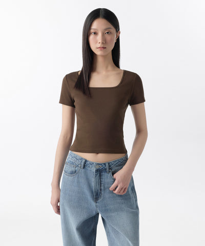 MUSINSA STANDARD WOMAN Women's Slim Square Neck T-Shirt [Dark Brown]
