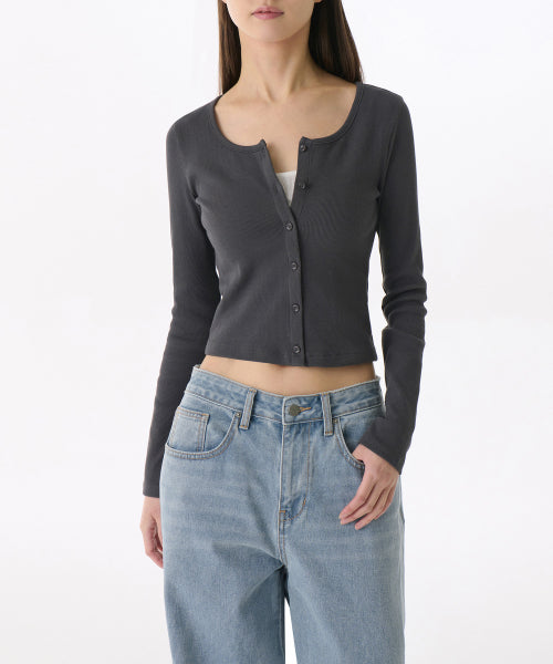 MUSINSA STANDARD WOMAN MUSINSA STANDARD WOMAN Cardigan Slim Scoop Neck [Dark Gray]