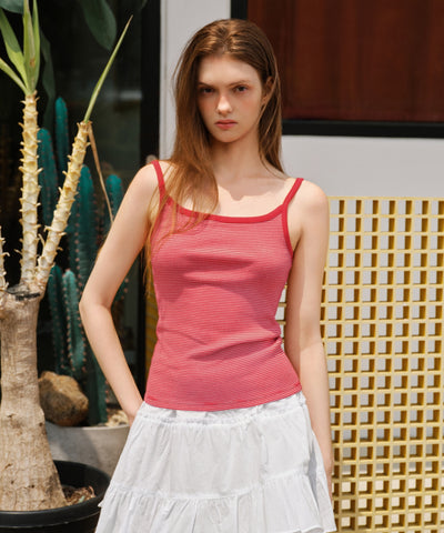 MUSINSA STANDARD WOMAN Women's T-Shirt Narrow Stripe Sleeveless [Ivory/Red]