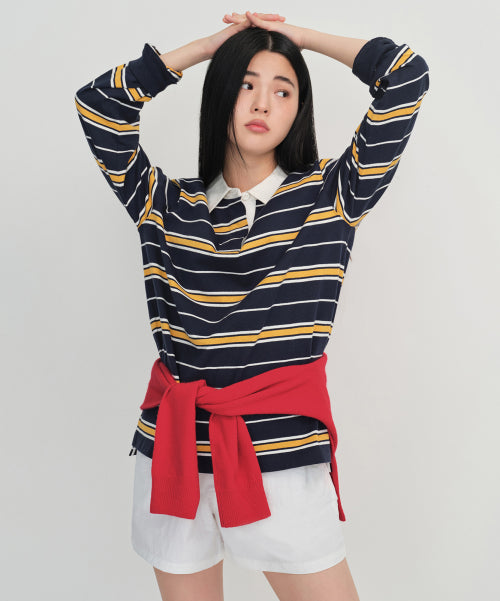 MUSINSA STANDARD WOMAN MUSINSA STANDARD WOMAN Relaxed Multi-Stripe Rugby Shirt (Navy)