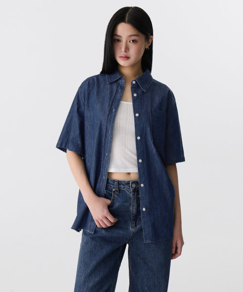 MUSINSA STANDARD WOMAN MUSINSA STANDARD WOMAN Women's Oversized Short Sleeve Denim Shirt [Medium Indigo]