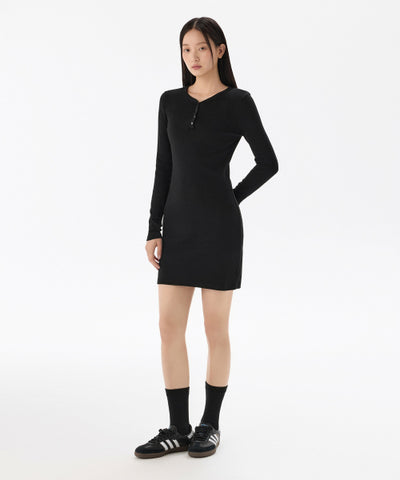 MUSINSA STANDARD WOMAN Women's Ribbed Y Neck Long Sleeve Mini Dress (Black)