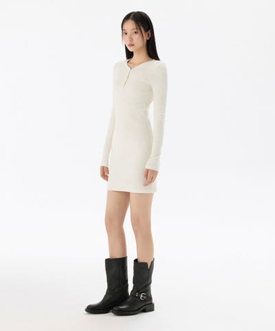 MUSINSA STANDARD WOMAN Women's Ribbed Y Neck Long Sleeve Mini Dress (Cream)