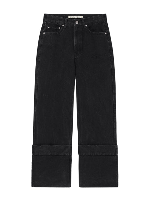 MATIN KIM MATIN KIM DAMAGE TURN UP DENIM PANTS Black
