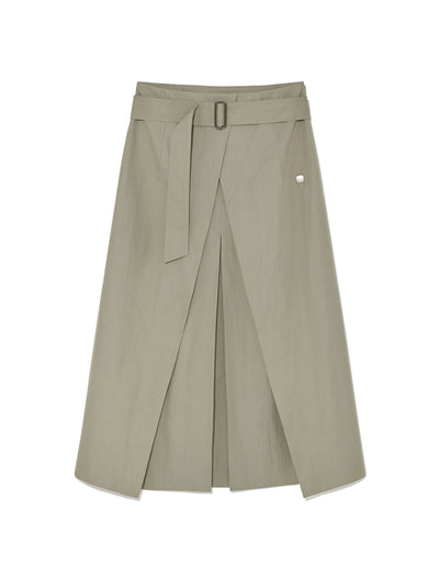 MATIN KIM A LINE PLEATS BELTED SKIRT in Light Khaki