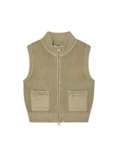 MATIN KIM Logo Point Washed Knit Vest for Women in Light Khaki