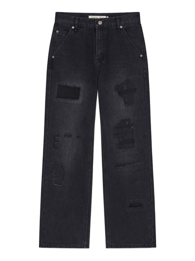 MATIN KIM DAMAGE PATCH DENIM PANTS