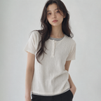 SAYUU Soft layered henley neck short sleeve tee cream