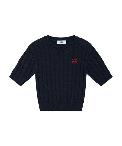 HEART CABLE CROPPED KNIT TOP-NAVY