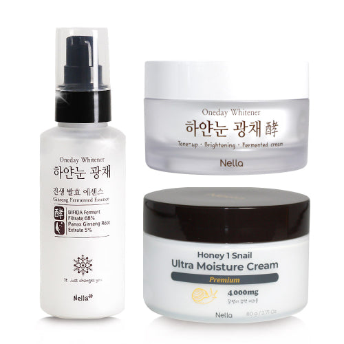 NELLA White eye glow fermented essence + tone-up cream + premium snail cream 3-piece set