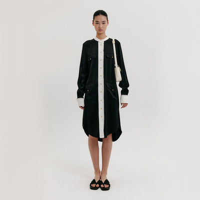 Non-Collar Shirt Dress - Black