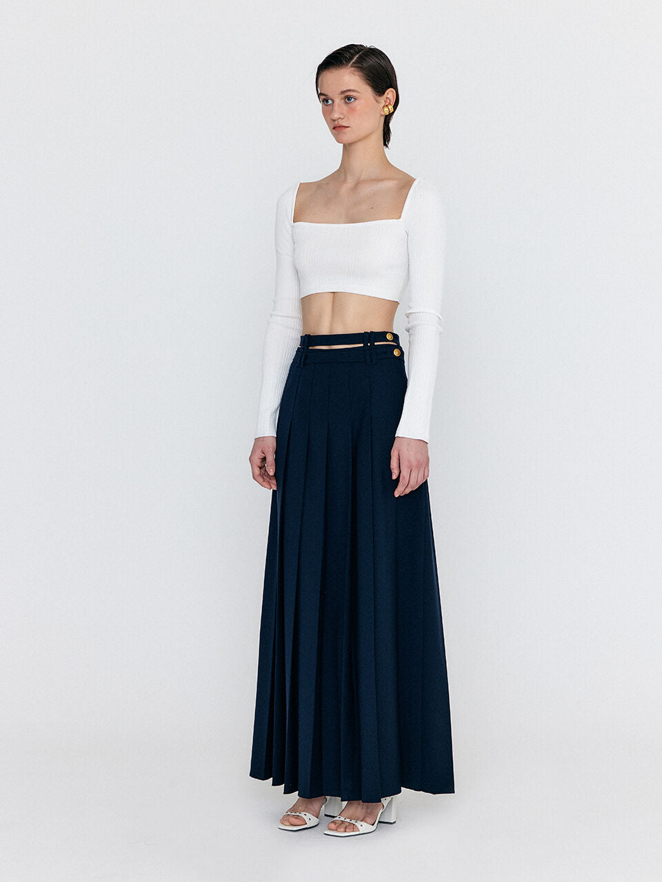 EENK EENK WOVEL Double-Belted Pleated Maxi Skirt - Navy
