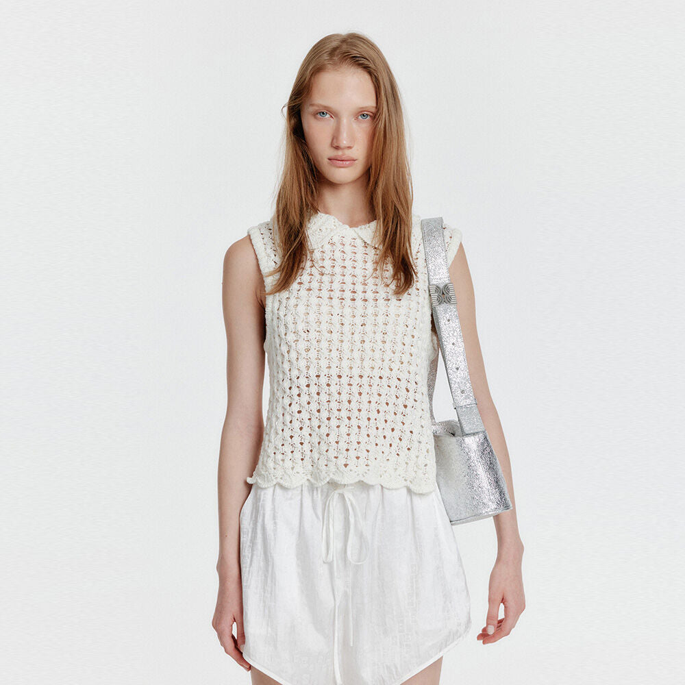 EENK [Wearing Eyelet Minju] YELT Cable Knit Collared Top - Ivory