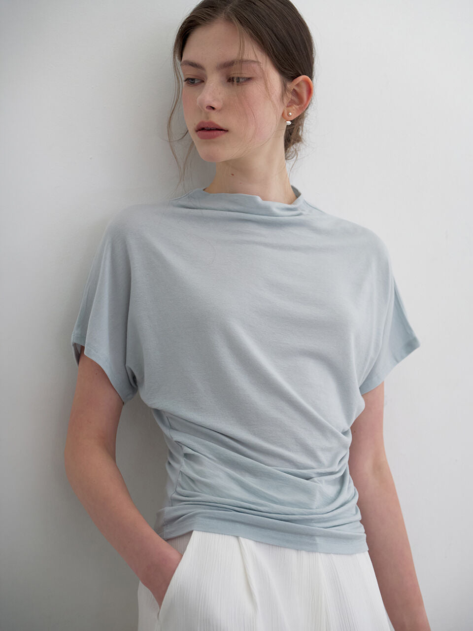MOMET Druff shirring t-shirt sky blue