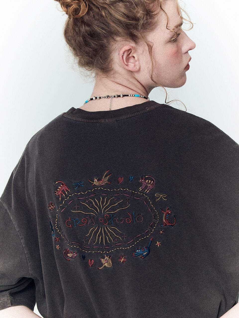 CPGN Cat Stitch Pigment Short Sleeve T-Shirt Brown