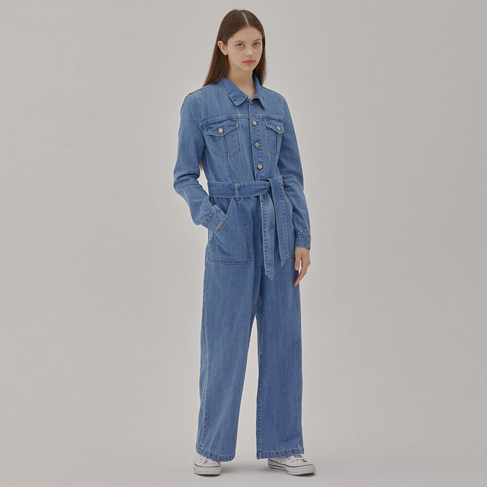 RYUL+WAI: DENIM BELT JUMPSUIT BLUE
