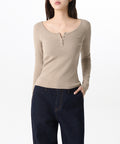 MUSINSA STANDARD WOMAN MUSINSA STANDARD WOMAN T-Shirt Women's Ribbed Slim Wide Henley Neck Long Sleeve [Greyish Beige]