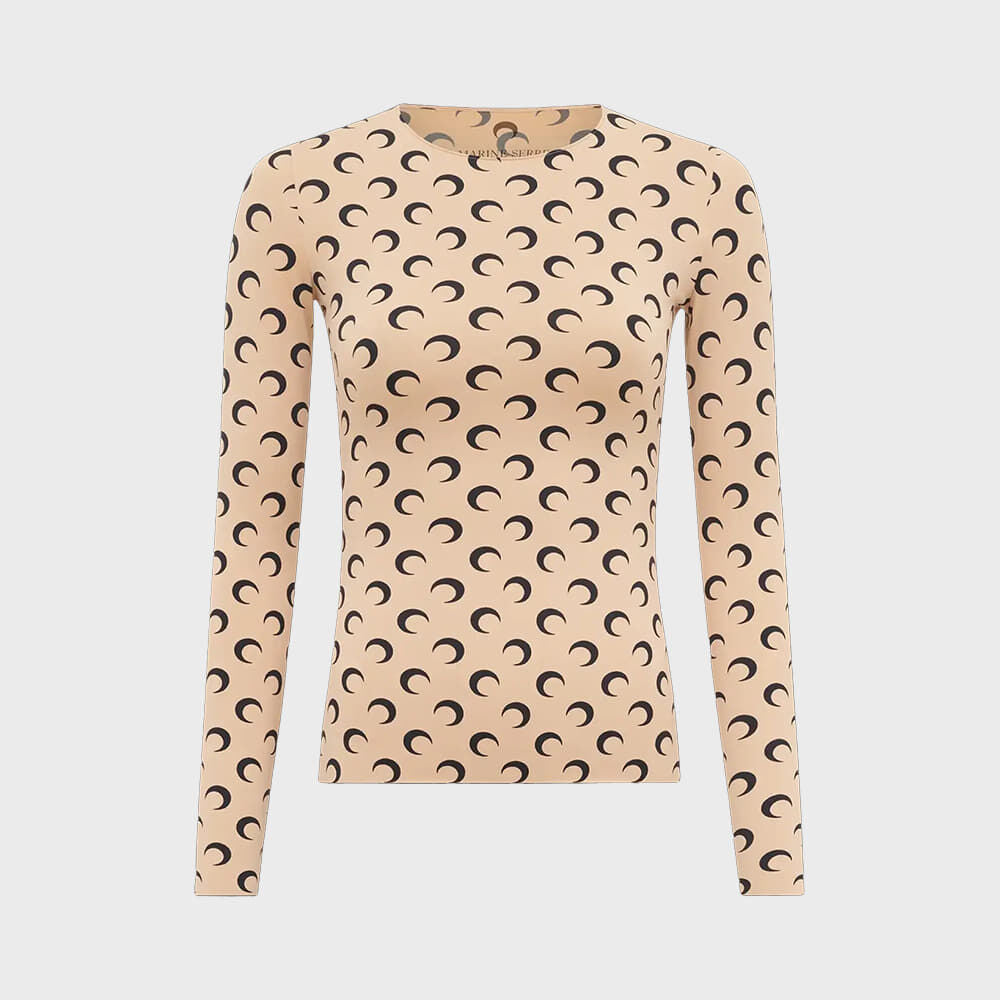 MARINE SERRE (W) MOON PRINTED JERSEY SECOND SKIN CREWNECK TOP TAN