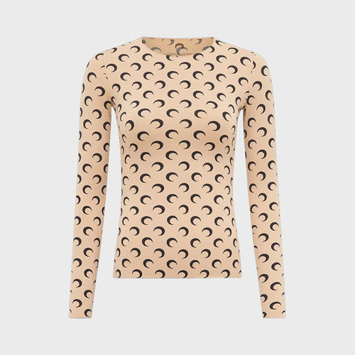 MARINE SERRE (W) MOON PRINTED JERSEY SECOND SKIN CREWNECK TOP TAN