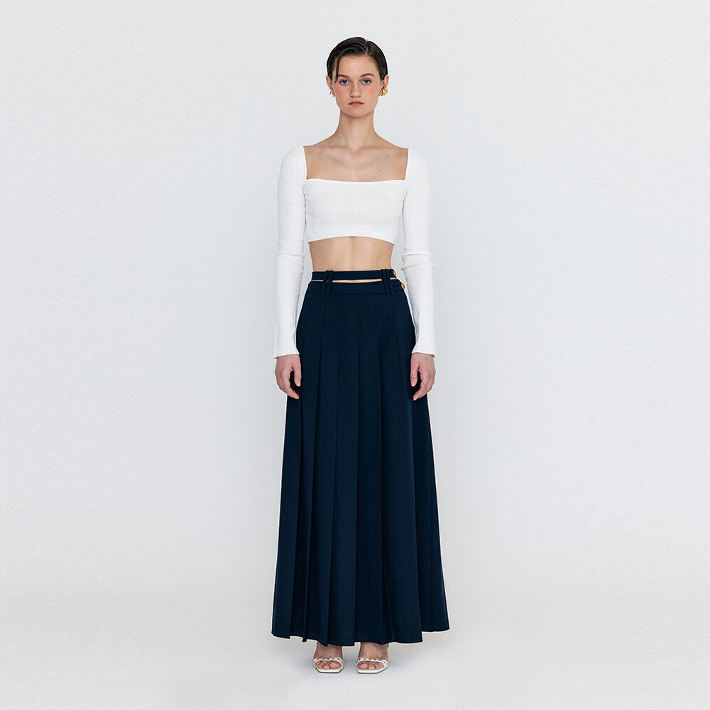 EENK EENK WOVEL Double-Belted Pleated Maxi Skirt - Navy