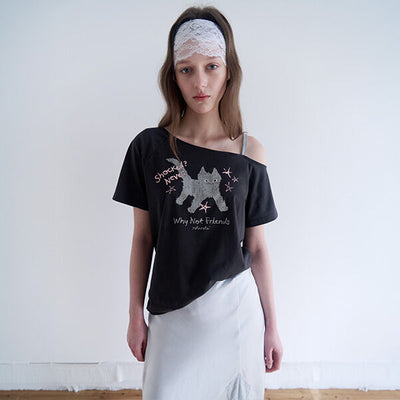 ROLA CAT FRIENDS OFF SHOULDER T-SHIRT CHARCOAL