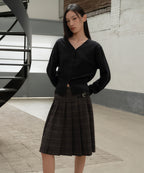 MUSINSA STANDARD WOMAN MUSINSA STANDARD WOMAN Women's Buckle Pleated Check Knee Length Skirt [Gray]