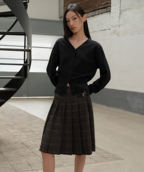 MUSINSA STANDARD WOMAN MUSINSA STANDARD WOMAN Women's Buckle Pleated Check Knee Length Skirt [Gray]