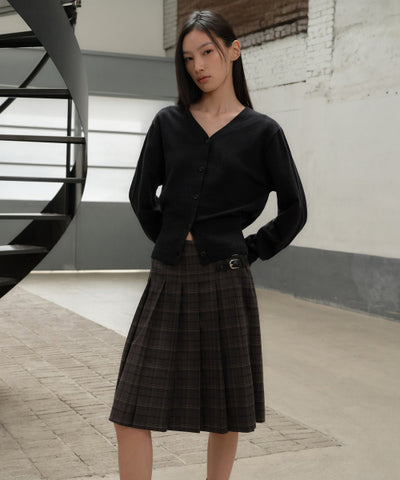 MUSINSA STANDARD WOMAN Women's Buckle Pleated Check Knee Length Skirt [Gray]