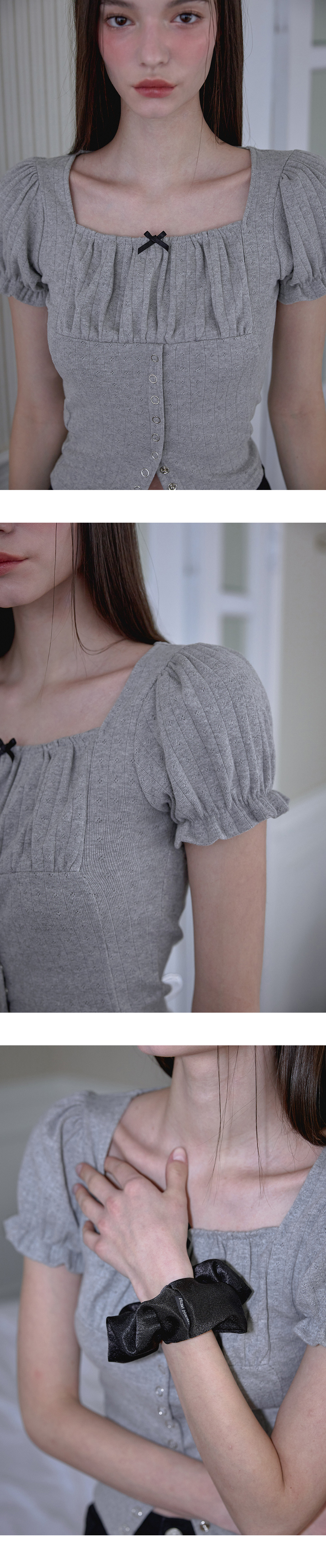 RoséFrantz Puff Shirring Ribbon T-shirt [Gray]
