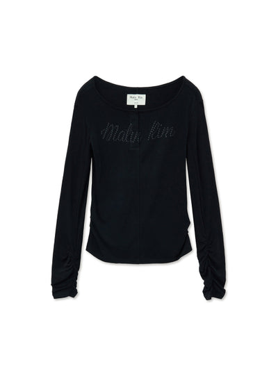 MATIN KIM Henley Neck Shirring Top