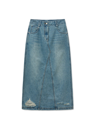 MATIN KIM DAMAGE POINT LONG DENIM SKIRT