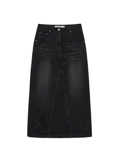 MATIN KIM DAMAGE POINT LONG DENIM SKIRT